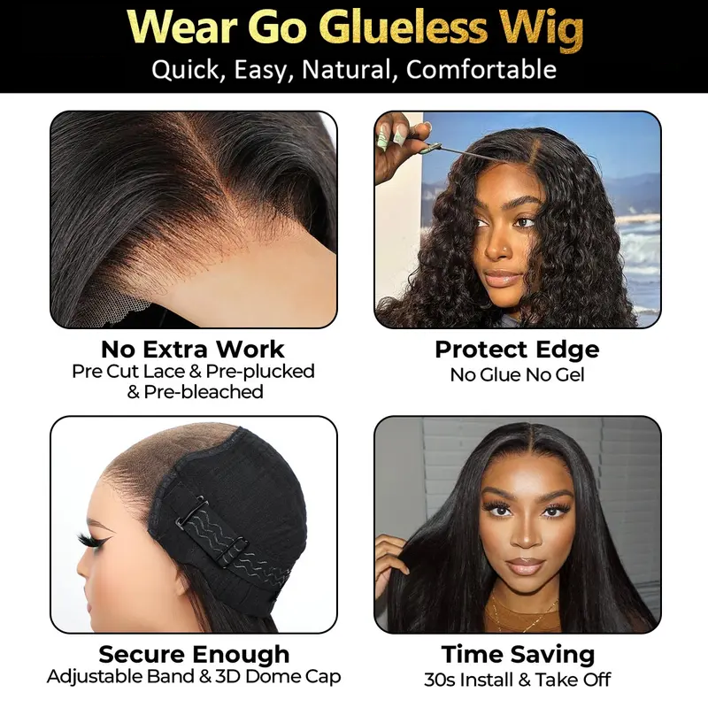 Sale Happening Now:86%OFF🔥Pre-Cut Lace Kinky Straight 360 Full Lace Frontal Glueless Wig With Invisi Drawstring Pre Plucked Human Hair Wig