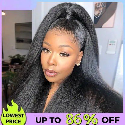 Sale Happening Now:86%OFF🔥Pre-Cut Lace Kinky Straight 360 Full Lace Frontal Glueless Wig With Invisi Drawstring Pre Plucked Human Hair Wig