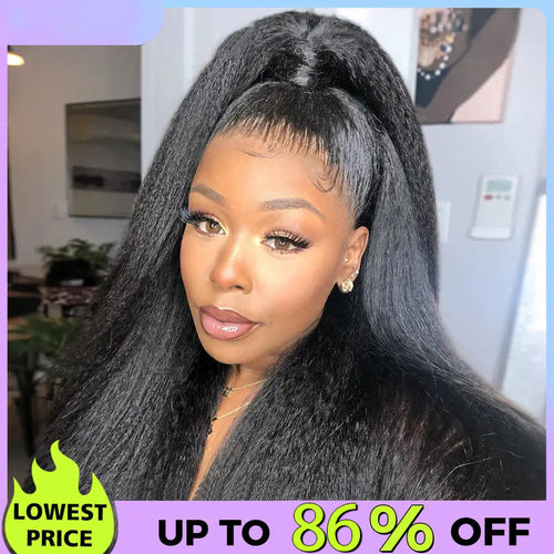 Sale Happening Now:86%OFF🔥Pre-Cut Lace Kinky Straight 360 Full Lace Frontal Glueless Wig With Invisi Drawstring Pre Plucked Human Hair Wig