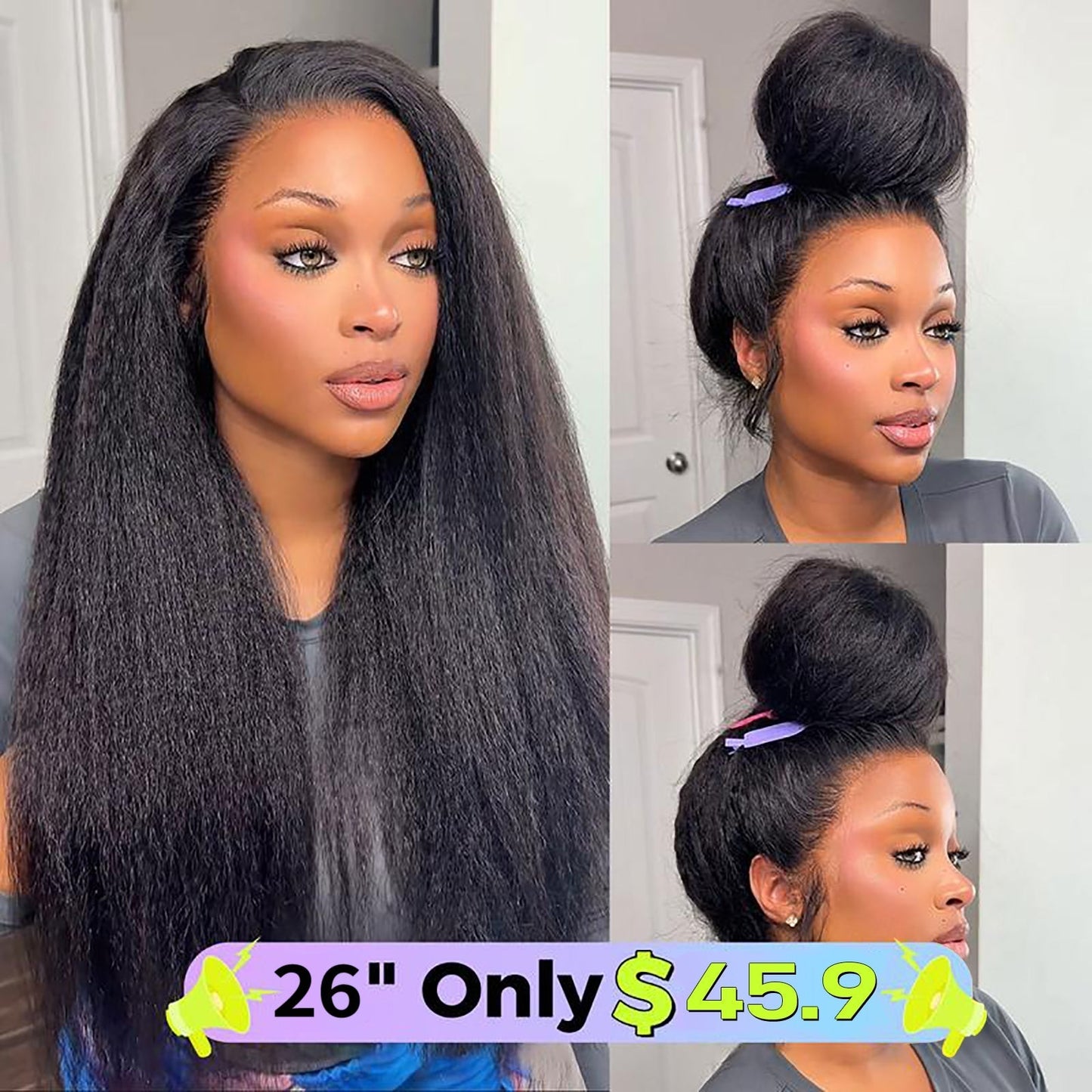 Sale Happening Now:86%OFF🔥Pre-Cut Lace Kinky Straight 360 Full Lace Frontal Glueless Wig With Invisi Drawstring Pre Plucked Human Hair Wig