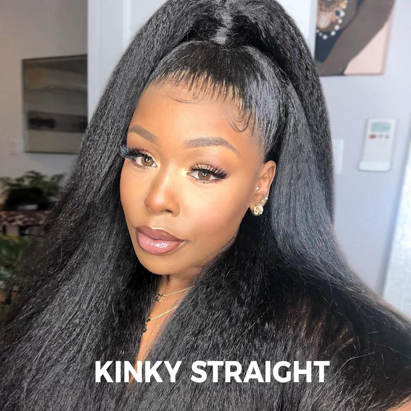 Sale Happening Now:86%OFF🔥Pre-Cut Lace Kinky Straight 360 Full Lace Frontal Glueless Wig With Invisi Drawstring Pre Plucked Human Hair Wig